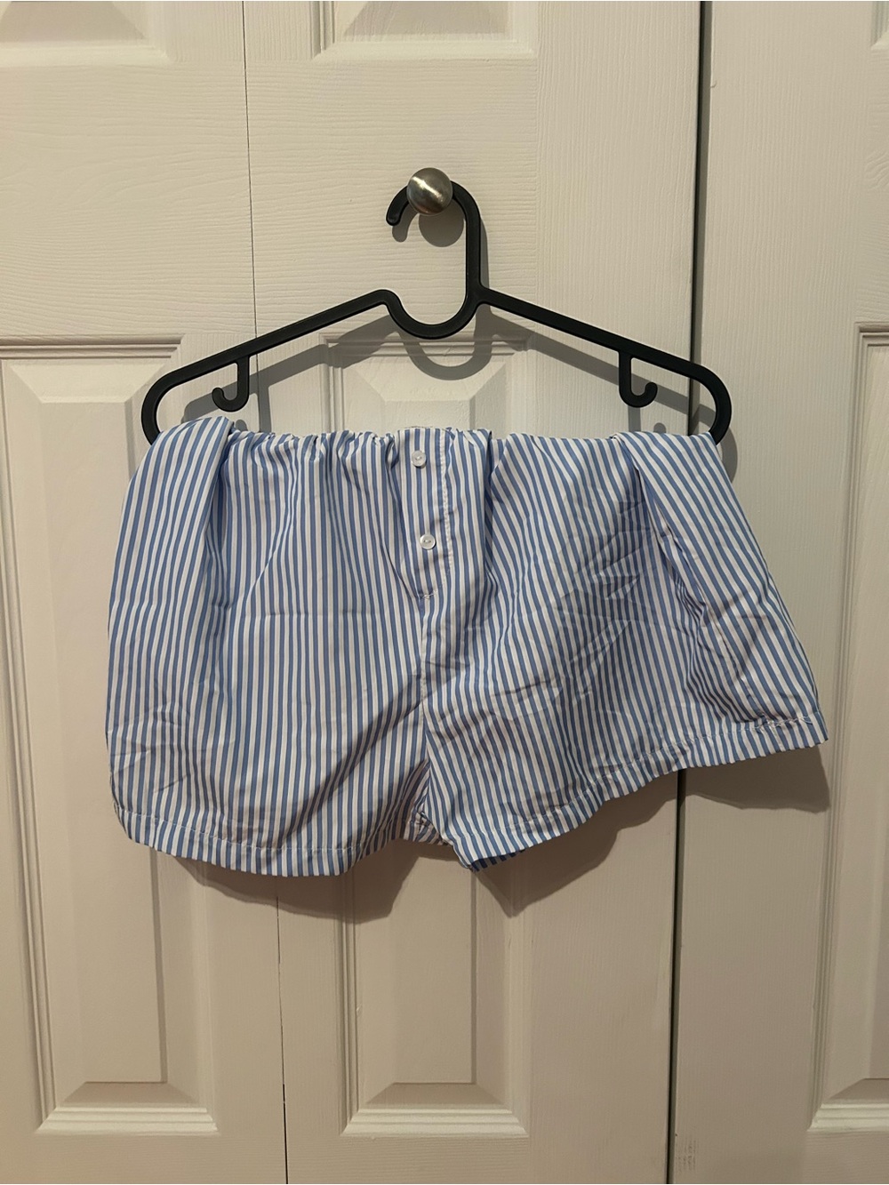 SHEIN Blue and White Striped Off-Shoulder Shorts